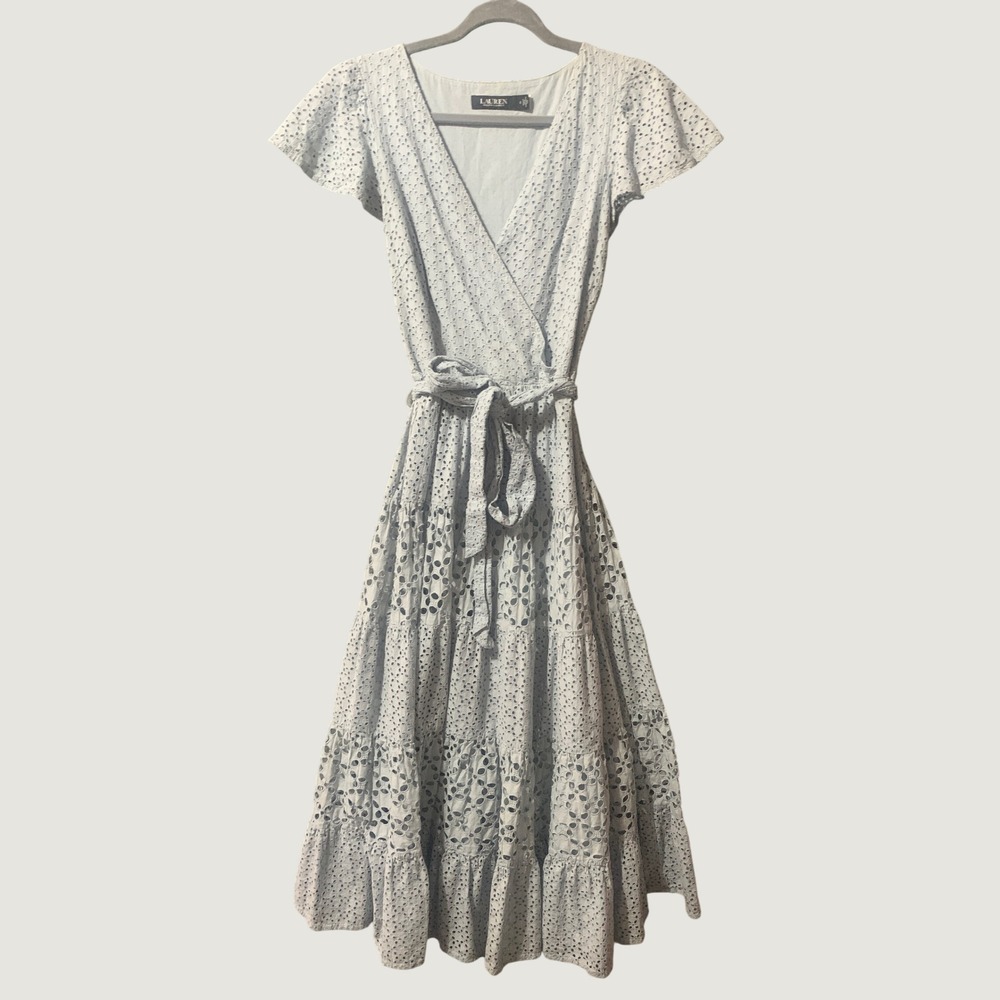 Lauren Ralph Lauren Maxi Dress Women 2 Eyelet Tiered Blue Wrap Boho Cottage